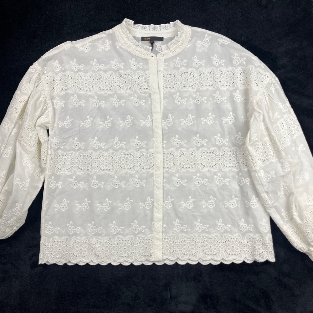 Maje Womens Blouse Top Size 1 (small) Embroidered Cut Out Scalloped Hem White